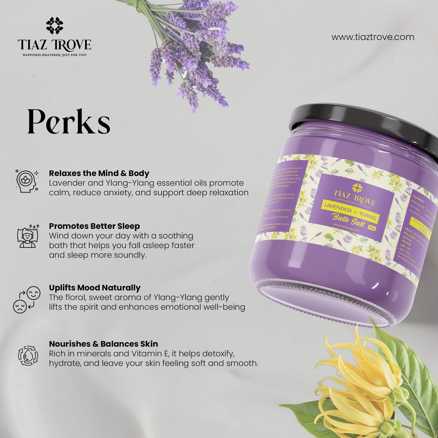 Handmade Lavender & Ylang Bath Salt | Calming Aromatherapy | Stress Relief & Skin Nourishment | TiazTrove