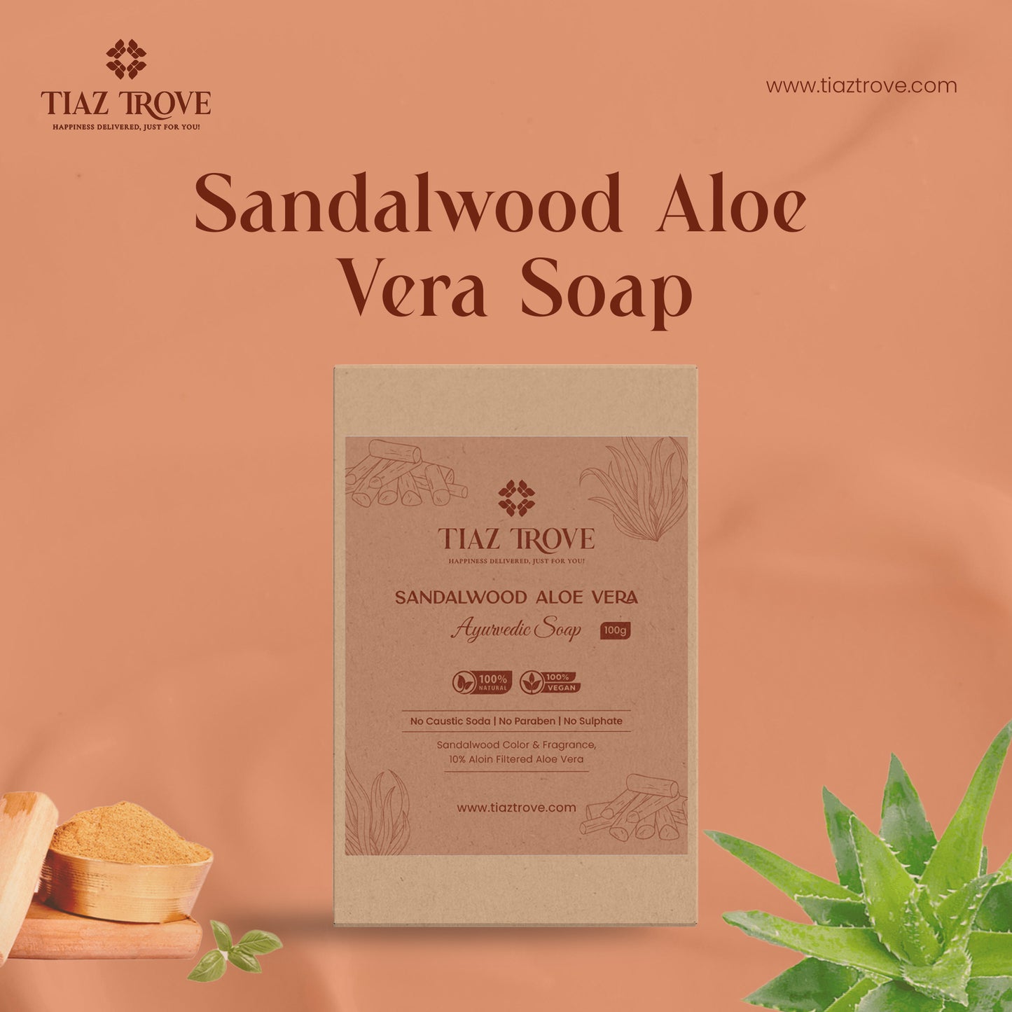 Handmade Sandalwood Aloe Vera Soap | De-Tan & Skin-Healing Ayurvedic Cleanser | TiazTrove Skincare