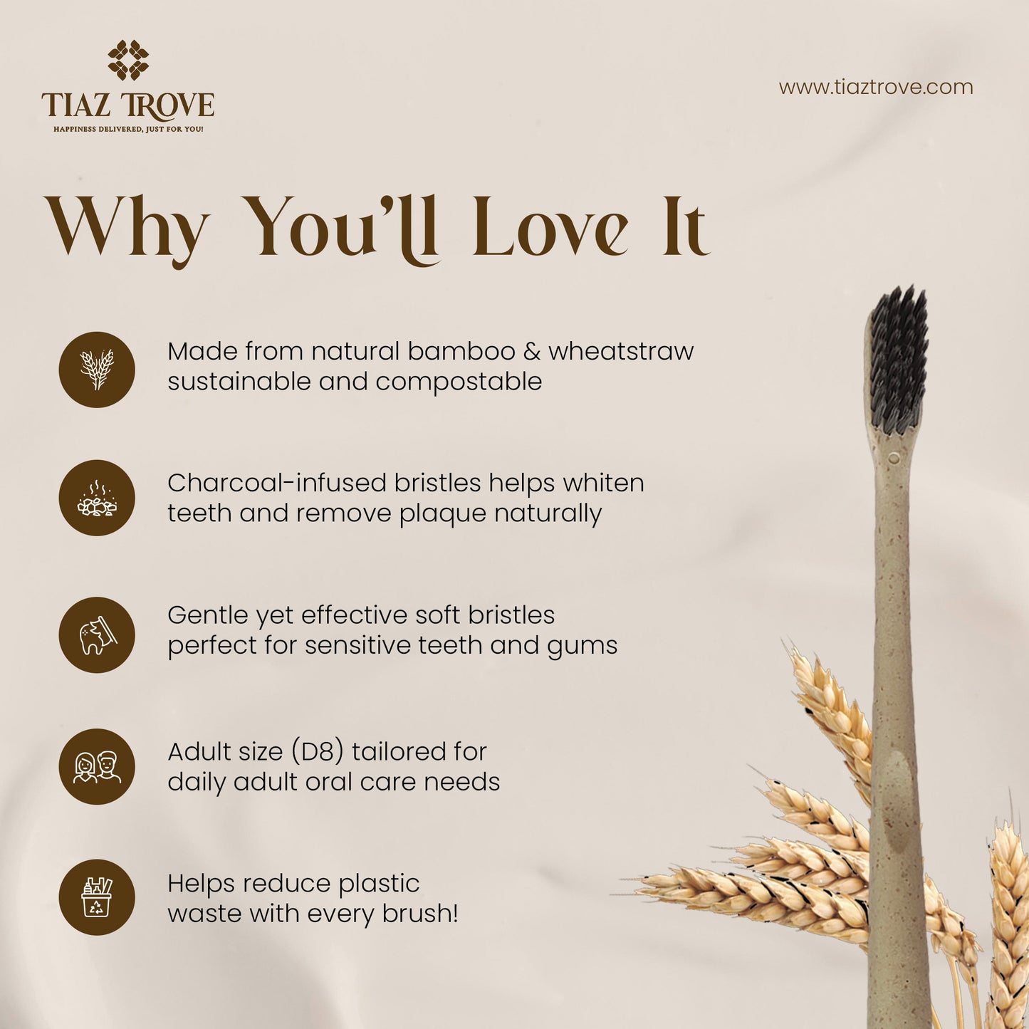 Wheatstraw Toothbrush (Charcoal Bristles) | Eco-Friendly & Deep Cleaning Oral Care | TiazTrove