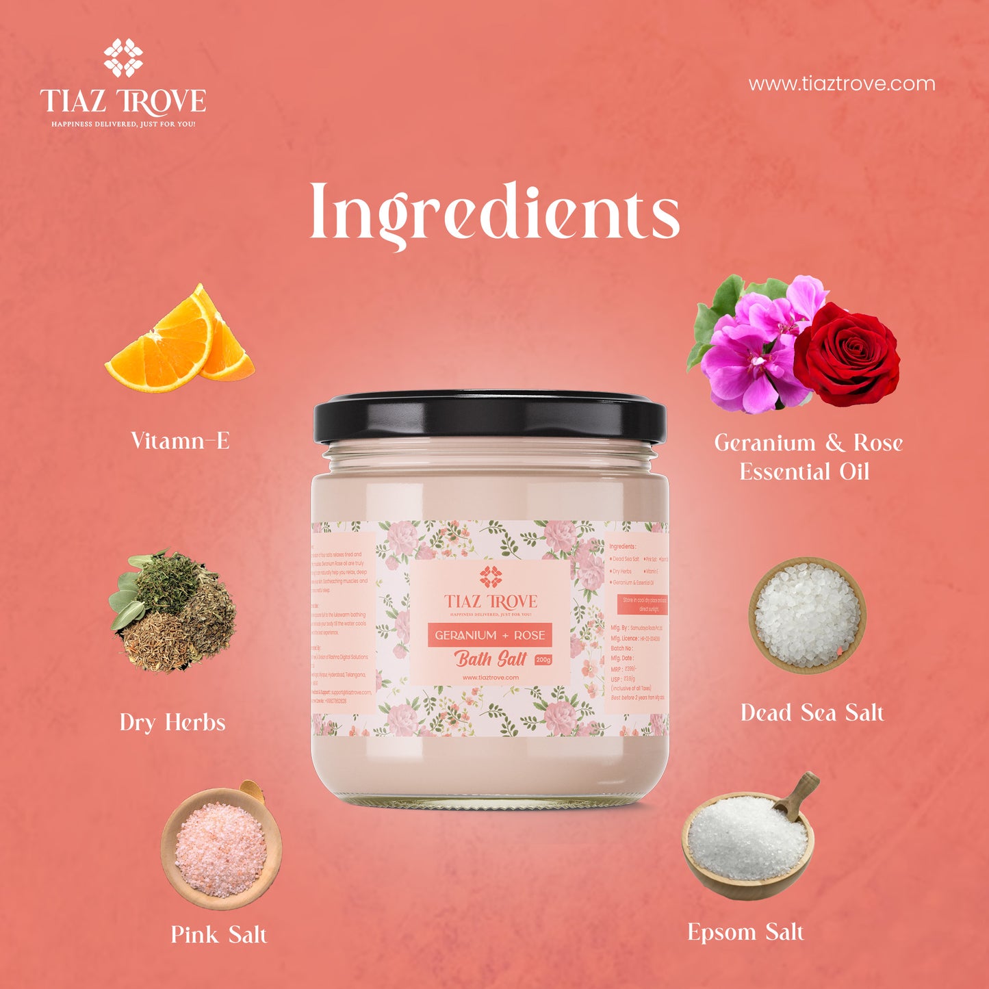 Handmade Geranium & Rose Bath Salt | Relaxing Aromatherapy Soak | Natural Skin Rejuvenation | TiazTrove