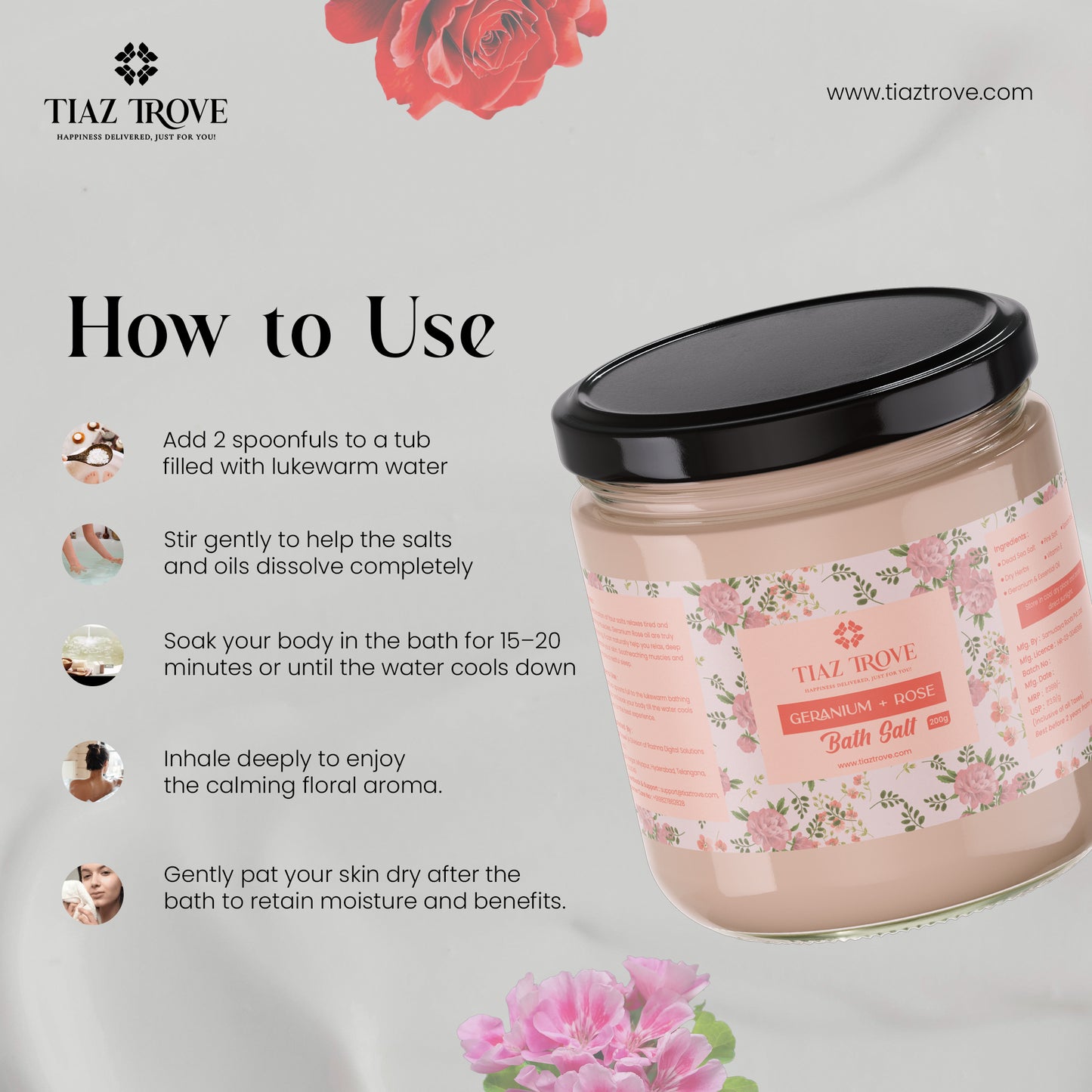 Handmade Geranium & Rose Bath Salt | Relaxing Aromatherapy Soak | Natural Skin Rejuvenation | TiazTrove