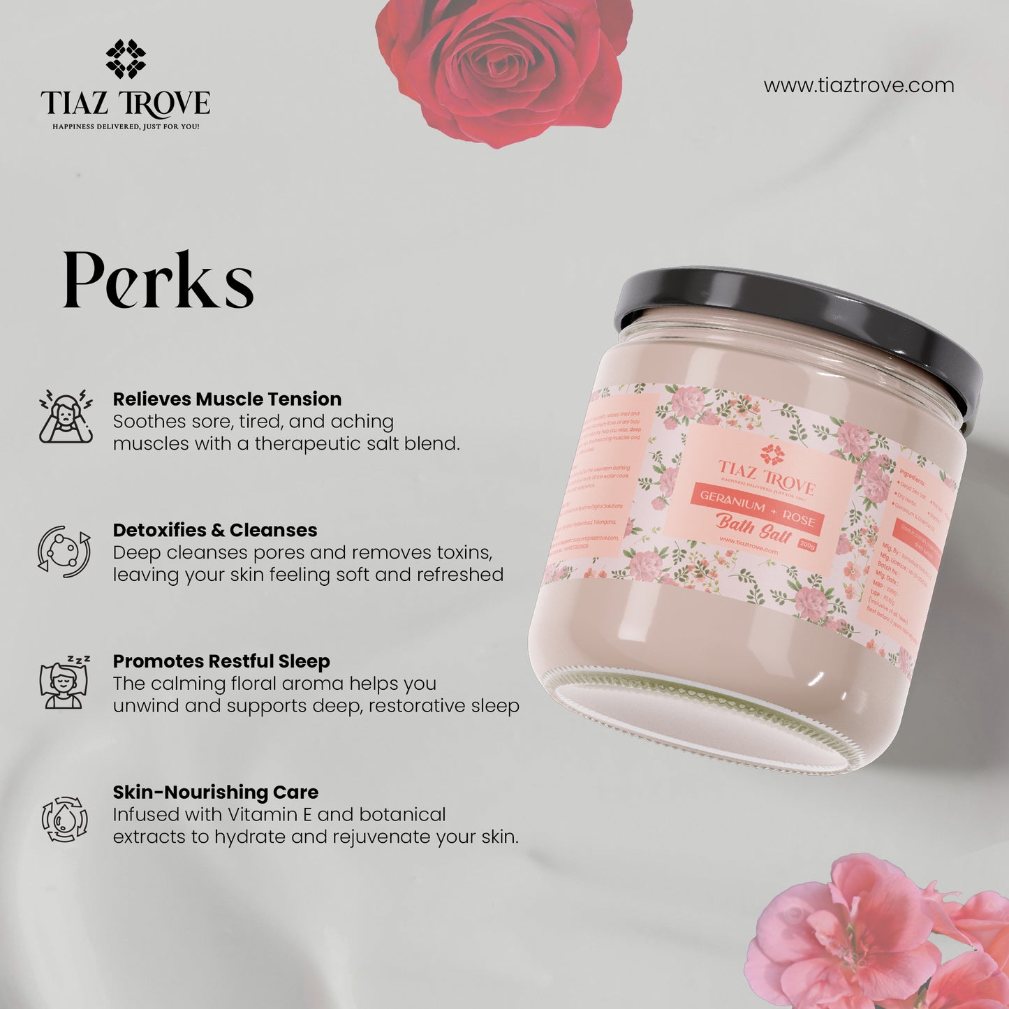 Handmade Geranium & Rose Bath Salt | Relaxing Aromatherapy Soak | Natural Skin Rejuvenation | TiazTrove