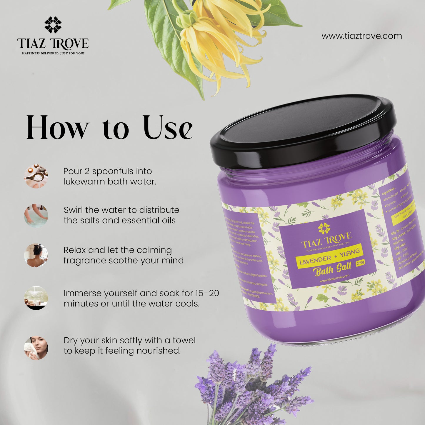 Handmade Lavender & Ylang Bath Salt | Calming Aromatherapy | Stress Relief & Skin Nourishment | TiazTrove