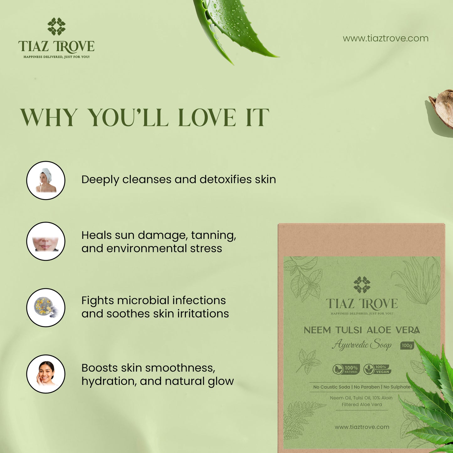 Handmade Neem Tulsi Aloe Vera Soap | Anti-Acne & Herbal Skin Purifier | TiazTrove Skincare