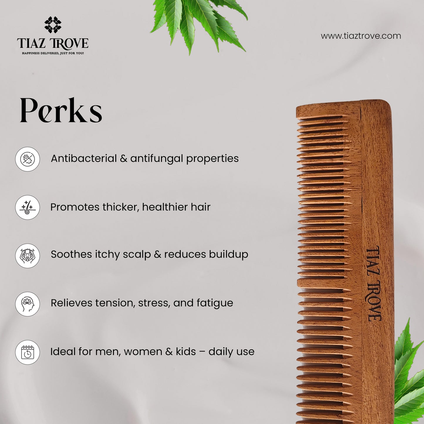 Regular Neem Wood Comb | Anti-Dandruff & Scalp Nourishing Haircare | TiazTrove