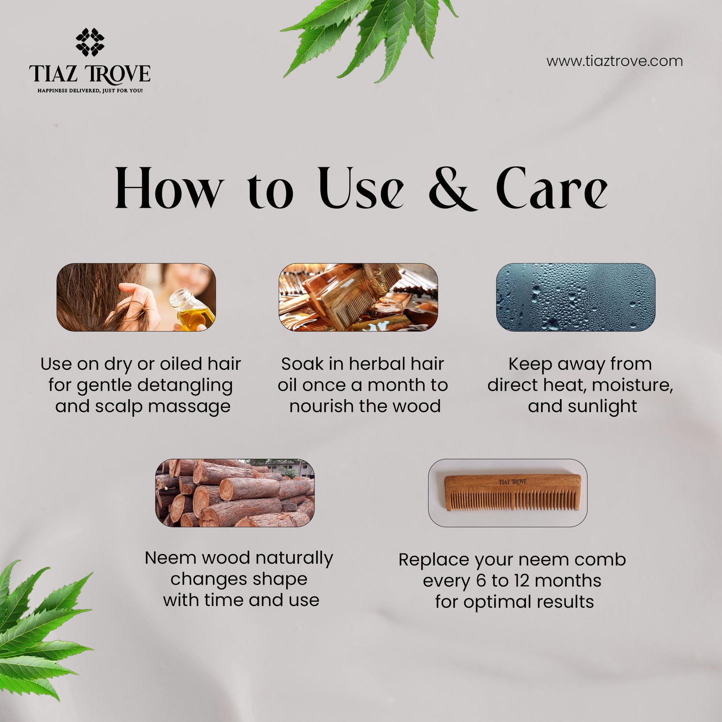 Regular Neem Wood Comb | Anti-Dandruff & Scalp Nourishing Haircare | TiazTrove