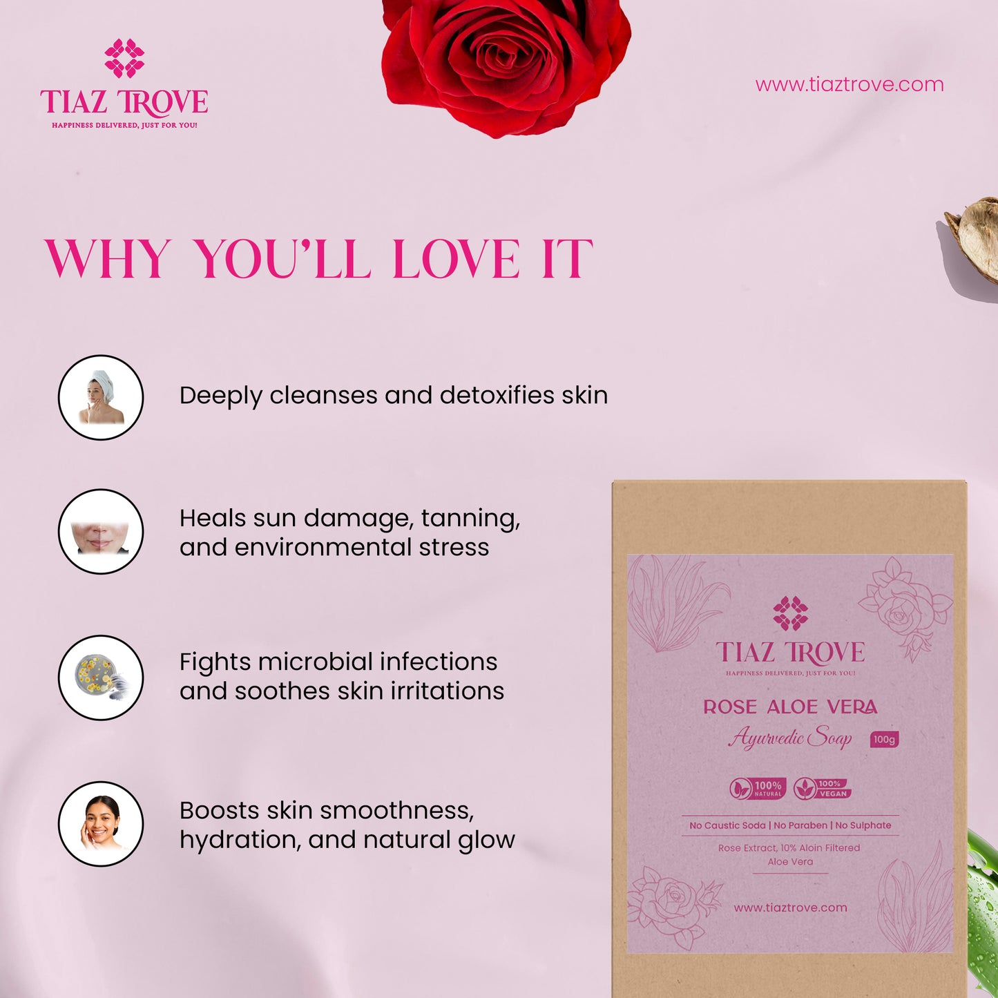 Handmade Rose Aloe Vera Soap | Hydrating & Glow-Enhancing Skin | TiazTrove Skincare