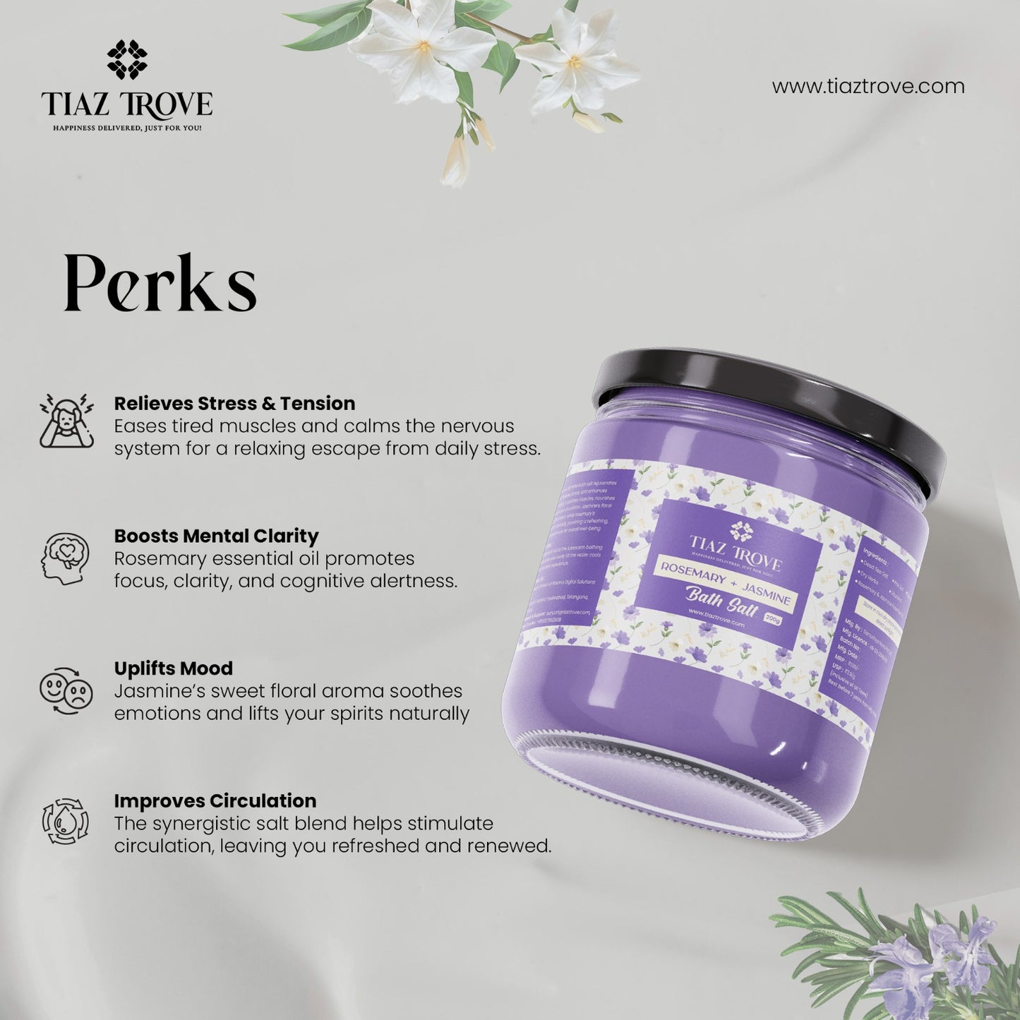 Handmade Rosemary & Jasmine Bath Salt | Revitalizing Aromatherapy Soak | Stress Relief & Skin Wellness | TiazTrove