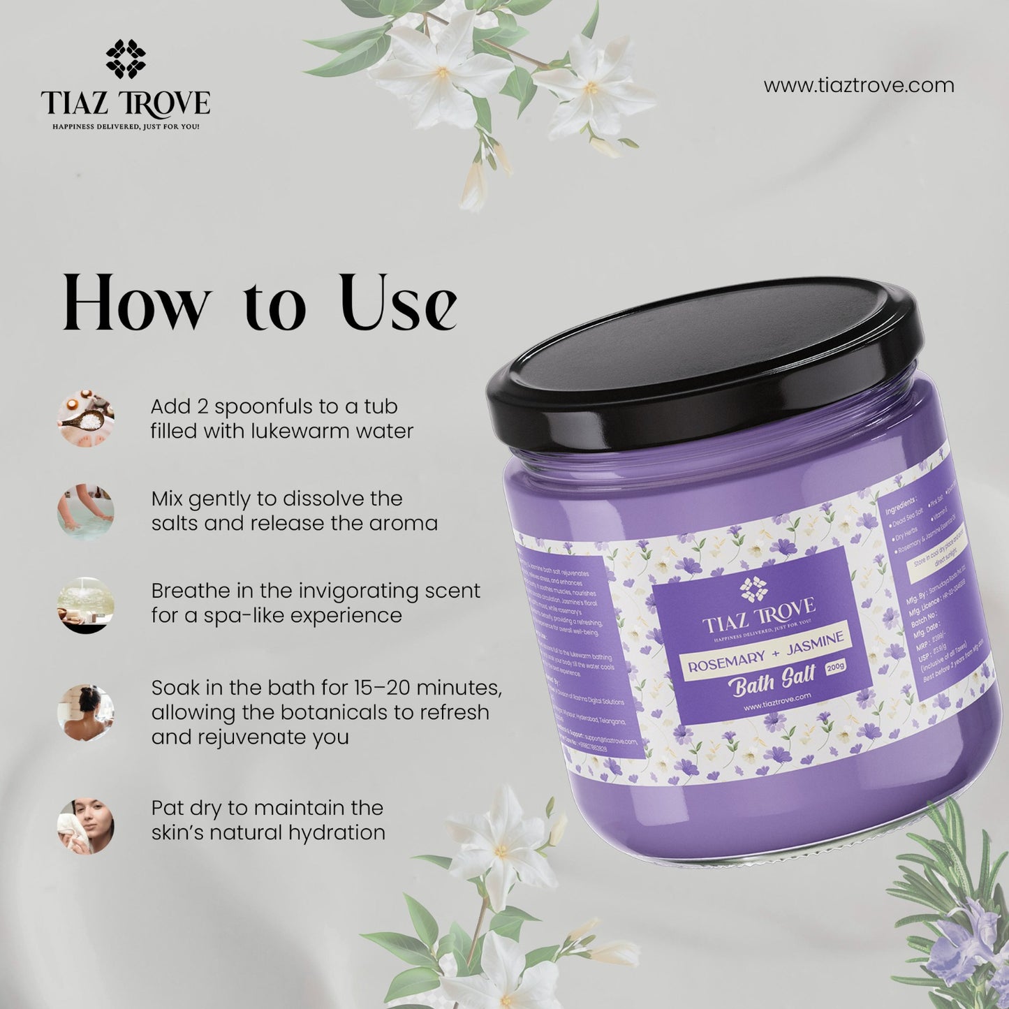 Handmade Rosemary & Jasmine Bath Salt | Revitalizing Aromatherapy Soak | Stress Relief & Skin Wellness | TiazTrove