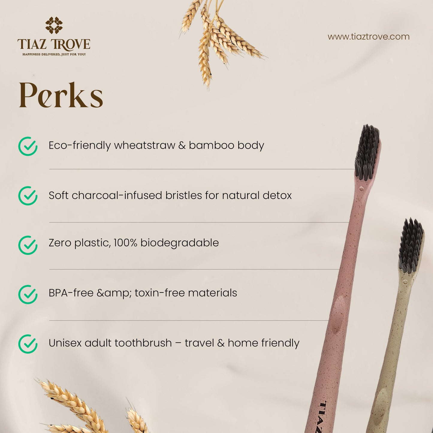 Wheatstraw Toothbrush (Charcoal Bristles) | Eco-Friendly & Deep Cleaning Oral Care | TiazTrove